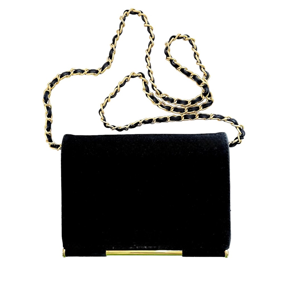 Vintage Elka Black Faux Suede Crossbody Bag with Gold Hardware and Braided Strap